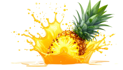 A sliced pineapple splashes into juice, creating a vibrant burst against a black backdrop