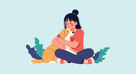 Beautiful flat illustration of a young girl sitting on the ground and affectionately hugging her pet dog with green tropical leaves in the background.