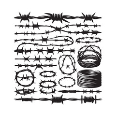 Collection of various barbed wire illustrations and symbols
