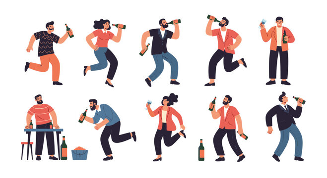 Diverse collection of men and women in various active poses drinking alcohol from bottles and glasses to illustrate social gathering and partying.