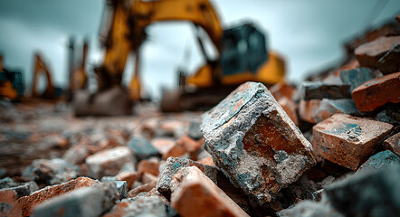 Pile of shattered construction waste after building demolition. Bricks rubble debris in container. Collection service handles disposal material. Excavator in background. Construction site after work,