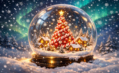 A Christmas tree inside a snow globe, surrounded by swirling snowflakes and illuminated by colorful aurora lights