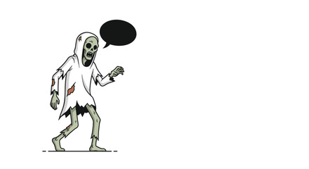 Spooky skeleton ghost character in a tattered white robe stands next to a black speech bubble for custom messages.