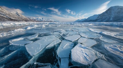 A stunning winter scene shows fractured ice floating on a serene body of water, surrounded by majestic snow-capped mountains under a bright blue sky.