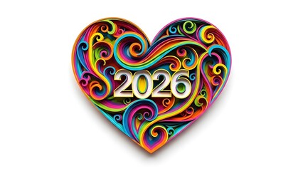 Vibrant heart design with swirling patterns and 2026 text