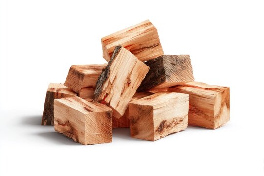 A pile of roughly cut, seasoned wood blocks, mostly light brown with some darker bark