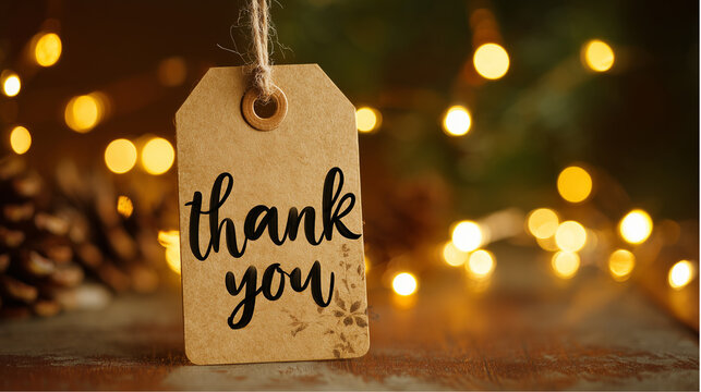 Craft paper gift tag displaying 'thank you' in script, placed on a wooden surface with warm golden bokeh lights, symbolizing appreciation, gratitude, and holiday celebration.