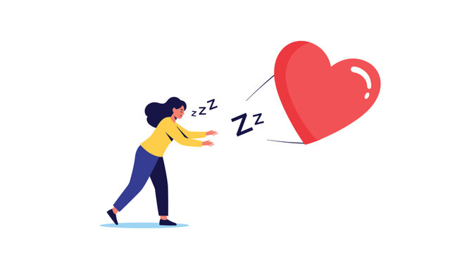 Sleepy young woman sleepwalking towards a giant floating red heart with Zzz symbols representing her dreams and desire for love.