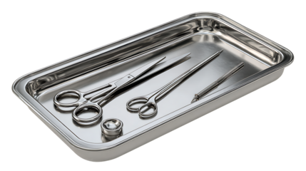 Medical instruments on a stainless steel tray isolated on transparent background