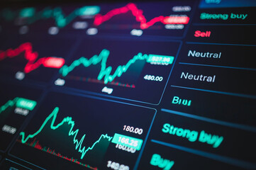 Financial market data displayed on a digital screen with buy and sell indicators.