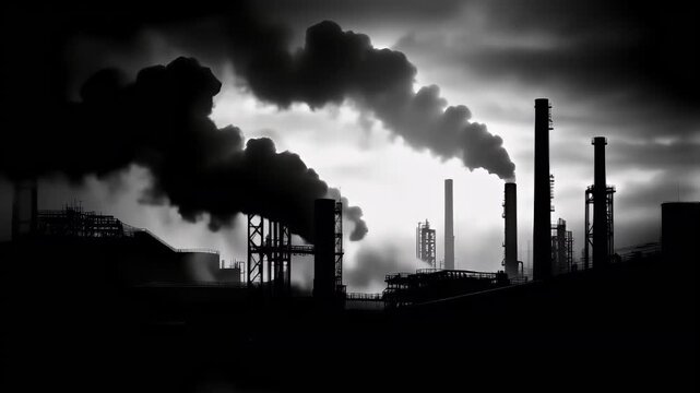 Air pollution. Environment conservation. Industry. A monochromatic industrial scene featuring a factory with smoke billowing from its chimneys. The sky is overcast.