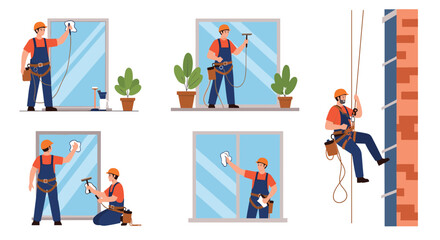 Group of professional window cleaners working on glass buildings using safety harnesses and tools at various heights.