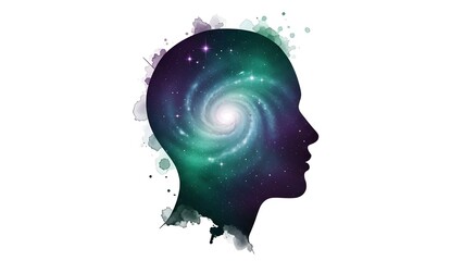 Cosmic Watercolor Profile Silhouette with Teal Green Galaxy Nebula