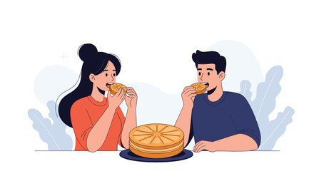 Happy young couple sitting at a dining table and eating a large delicious cake together during a sweet celebration or date.