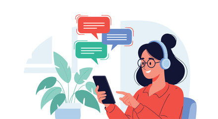 Young woman wearing glasses and headphones uses her smartphone for mobile communication while colorful chat bubbles float around her.