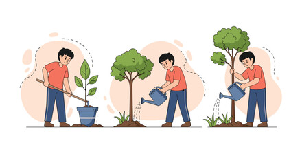 Illustration showing three stages of gardening from digging a hole to watering a small sapling and then a growing tree in the soil.