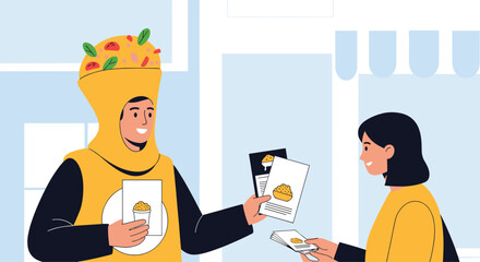 Promotional staff member dressed in a giant taco costume hands out marketing flyers to a woman on a city street near a store front.