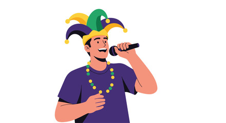 Joyful man wearing a colorful jester hat and purple shirt sings into a microphone while celebrating at a festive carnival or party.