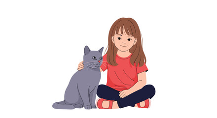 Cute young girl in a red shirt sitting on the floor and hugging a large fluffy grey domestic cat on white background.