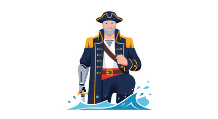 Stern old pirate captain with a grey beard and tricorn hat wearing a blue coat with gold epaulettes and a prosthetic leg.