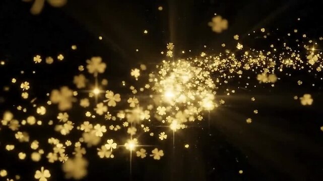 Golden four-leaf clovers and sparkles floating on black background