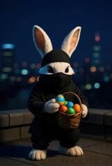 Easter bunny - ninja, with an Easter basket egg in his hands	