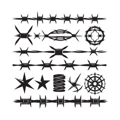 Collection of various barbed wire illustrations and symbols