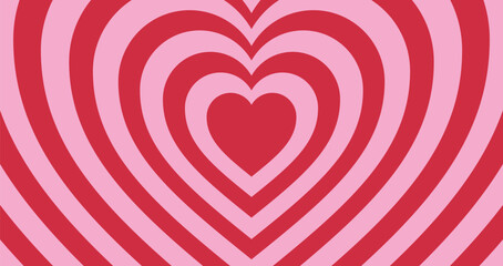 Pink heart background horizontal love shaped tunnel. Red color romantic pattern. Trendy retro vector illustration in style 60s, 70s.