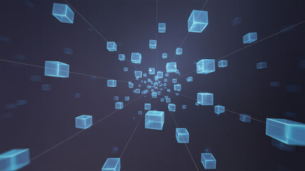 Abstract Network of Glowing Blue Cubes Connected by Lines photo stock