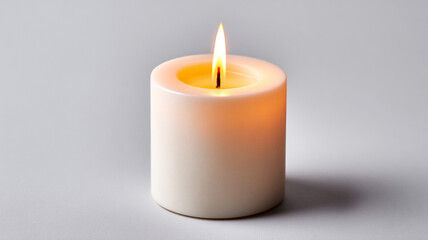 A white burning candle on a white or gray background. The symbol of Easter, the Christian faith.