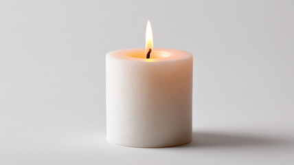 A white burning candle on a white or gray background. The symbol of Easter, the Christian faith.