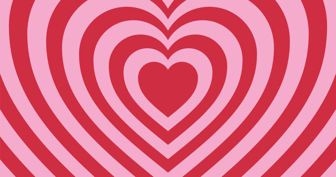 Pink heart background horizontal love shaped tunnel. Red color romantic pattern. Trendy retro vector illustration in style 60s, 70s.