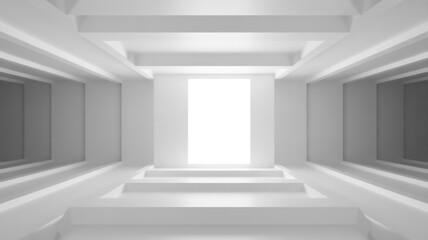 Abstract White Geometric Interior with Bright Light at the End of a Staircase architecture