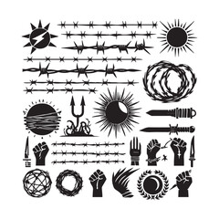 Collection of various barbed wire illustrations and symbols