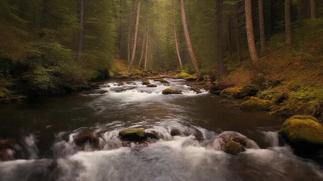 Forest river flowing over mossy rocks in a tranquil woodland