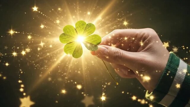 Hand holding a glowing four-leaf clover with water droplets on leaves