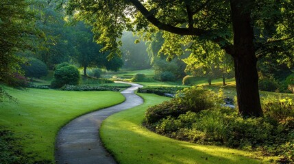 Obraz premium A serene garden path meanders through vibrant greenery. Sunlight filters through the trees, creating a tranquil atmosphere in the early morning. The scene invites relaxation and reflection.