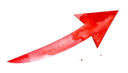 Watercolor red upward pointing arrow on a transparent black background