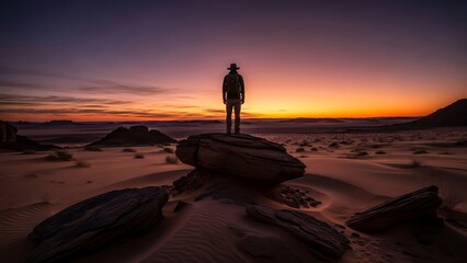 Man standing on rock at sunset.