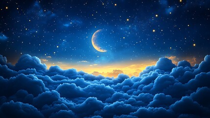 Night sky above clouds with crescent moon