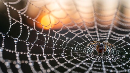 Spider web with dew drops closeup.
