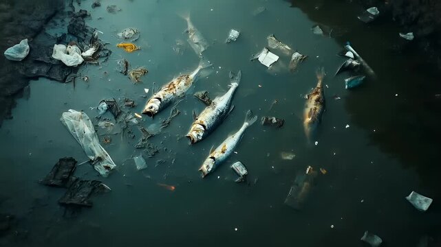Aerial view of polluted water with fish and debris, including plastic waste and discarded items.