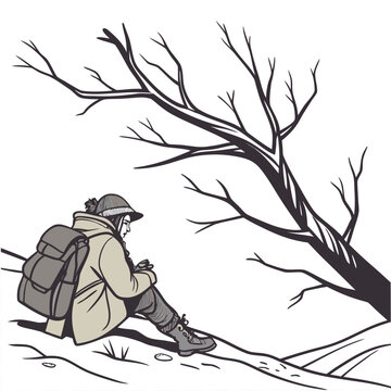 a solitary hiker rests beneath the bare branches of a winter tree contemplating the landscape and enjoying the quiet solitude