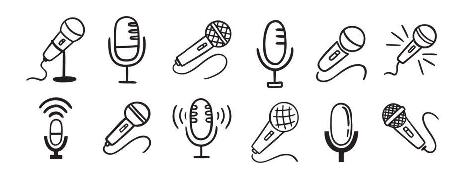 microphone icon doodle hand drawn set. Outline drawing microphone line clipart symbol collection
