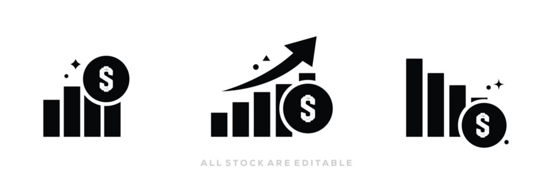 Growth Bar. Finance icon. money,  Progress bar, Coin silhouette icon and graph icon. Vector illustration