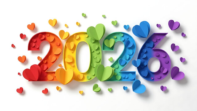 Vibrant rainbow 2026 with colorful hearts on white background