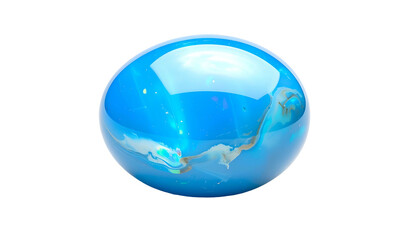 A glossy sphere with blue and white liquid-like swirls on a black background