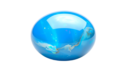 A glossy sphere with blue and white liquid-like swirls on a black background