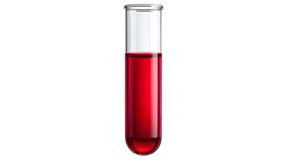 A clear glass test tube filled with a vibrant red liquid, isolated on black