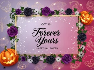 Happy halloween greeting card with floral frame and pumpkins